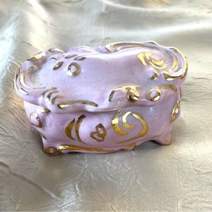 Vtg Antique Small Pink & Gold Handpainted Jewelry Dish